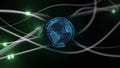 Displaying semi-transparent 3D globe rotating amidst glowing fiber-optic cables in data network Royalty Free Stock Photo