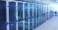 Displaying server cabinets running cabling along data center corridor, with fingerprint graphic Royalty Free Stock Photo