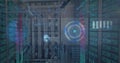 Displaying server rack bank projecting holographic HUD overlay in server room, with patch cables Royalty Free Stock Photo