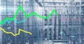 Displaying server racks humming inside data center, showing overlay green yellow cyan line charts Royalty Free Stock Photo