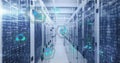 Displaying server racks with network cables, LED panels in data center, with binary code streams Royalty Free Stock Photo