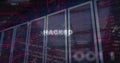 Displaying server racks in server room with red circuit graphics, code snippets, hacked glitch text Royalty Free Stock Photo