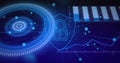 Displaying shield containing lock icon on blue grid, with progress circles, bars, line graph nodes Royalty Free Stock Photo