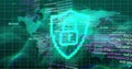 Displaying shield icon with check mark glowing on world map grid, with code snippets, data clusters Royalty Free Stock Photo