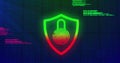 Displaying shield icon merging padlock and fingerprint on cybersecurity interface, binary streams Royalty Free Stock Photo