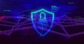 Displaying shield icon with padlock fingerprint securing network on screen, with neon code data Royalty Free Stock Photo