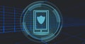 Displaying smartphone outline showing shield emblem in 3D grid space, with rotating HUD rings Royalty Free Stock Photo