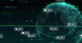 Displaying stylized data globe in virtual dashboard, with floating metric callouts and dot stream Royalty Free Stock Photo