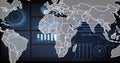 Displaying stylized map with continental outlines overlaying data on dark grid console, with HUDs Royalty Free Stock Photo