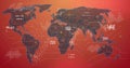 Displaying stylized world map animating on digital dashboard, showing data points, node markers Royalty Free Stock Photo