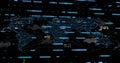 Displaying stylized world map on grid lines console, with blue HUD streaks and warning icons Royalty Free Stock Photo