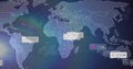 Displaying stylized world map pulsing across dark blue dashboard, with speech-bubble labels Royalty Free Stock Photo