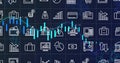 Displaying teal candlesticks and blue trend line on digital dashboard, with finance icons Royalty Free Stock Photo