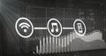 Displaying three connected icons in dashboard, showing Wi-Fi, music note, smartphone with 3D charts Royalty Free Stock Photo