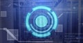 Displaying translucent blue circular HUD interface hovering in data center, server racks and cables Royalty Free Stock Photo