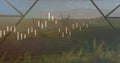 Displaying translucent candlestick chart bars and red trendline over rural fields, with pylon beams Royalty Free Stock Photo
