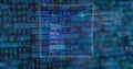 Displaying translucent code window showing binary bits, charts and tickers on software dashboard Royalty Free Stock Photo