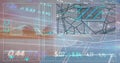 Displaying translucent digital dashboard overlay on office view, with line charts and map grid data Royalty Free Stock Photo