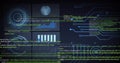 Displaying translucent HUD panels on grid workspace, with circular HUD, line chart, scrolling code Royalty Free Stock Photo