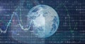 Displaying transparent Earth globe over binary code grid, showing colored financial data charts Royalty Free Stock Photo