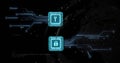 Displaying turquoise key and padlock icons linking circuits in security screen, binary map patterns Royalty Free Stock Photo