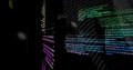 Displaying vertical floating neon-colored code panels in virtual 3D space, with JavaScript snippets Royalty Free Stock Photo