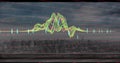 Displaying waveform over skyline at dusk, with pink gridlines, multicolored curves, turquoise bars Royalty Free Stock Photo