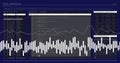 Displaying waveform overlay analyzing data in console, with login terminal and code windows Royalty Free Stock Photo