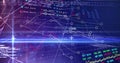 Displaying white curved trend lines with nodes moving across trading dashboard with stock tickers Royalty Free Stock Photo