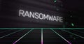 Displaying white RANSOMWARE text hovering over neon grid floor in cyber terminal, with scanlines Royalty Free Stock Photo