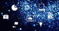 Displaying white tech and business icons floating over blue sparkling background, with laptop cloud Royalty Free Stock Photo