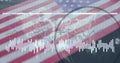 Displaying white vertical waveform bars pulsing on screen over American flag with code snippets Royalty Free Stock Photo