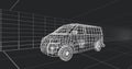 Displaying wireframe cargo van model rotating on virtual 3D grid workspace, perspective grid lines Royalty Free Stock Photo