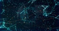 Displaying wireframe globe spinning in cyber network with teal nodes, data points and code snippets Royalty Free Stock Photo