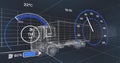 Displaying wireframe truck chassis in grid space with eco gauge, battery icon, speedometer overlays Royalty Free Stock Photo