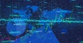Displaying world map with candlestick-line graphs, numeric labels, dot trend line HUD grid elements Royalty Free Stock Photo