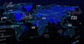 Displaying world map on command center dashboard, with hex grid, curved data lines, numeric labels Royalty Free Stock Photo