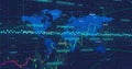 Displaying world map data visualization overlaying grid, with colored trend lines and data nodes Royalty Free Stock Photo