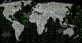 Displaying world map flowing across interface, with green binary code, hex nodes, connecting lines Royalty Free Stock Photo