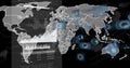 Displaying world map graphic on gridded digital dashboard with bar and line charts, timestamps, HUD Royalty Free Stock Photo