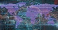 Displaying world map linking continents on digital interface, with code streams, charts and nodes Royalty Free Stock Photo
