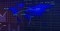 Displaying world map on monitor, featuring neon arcs, numeric labels, bar charts and stock ticker Royalty Free Stock Photo