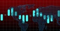 Displaying world map over red grid on digital screen, with turquoise bars and glowing equals signs Royalty Free Stock Photo
