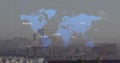Displaying world map overlay spanning city skyline with grid lines, numeric labels, code snippets Royalty Free Stock Photo