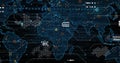 Displaying world map overlay in UI, featuring hex clusters, connector lines and binary streams Royalty Free Stock Photo
