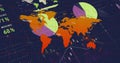 Displaying world map with pie charts and dashboard metrics on grid, showing trajectories and icons Royalty Free Stock Photo