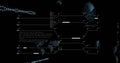 Displaying world map silhouette floating in dark interface, with circular radar dial and code block Royalty Free Stock Photo