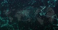 Displaying world map using glowing teal dots and lines with polygonal nodes, particles on dark grid Royalty Free Stock Photo