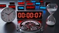 Displays 00 00 07 in bright red numbers. An hourglass with white sand Royalty Free Stock Photo