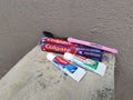Displays of Colgate toothpastes and toothbrush, the brand of oral hygiene products manufactured by Colgate-Palmolive